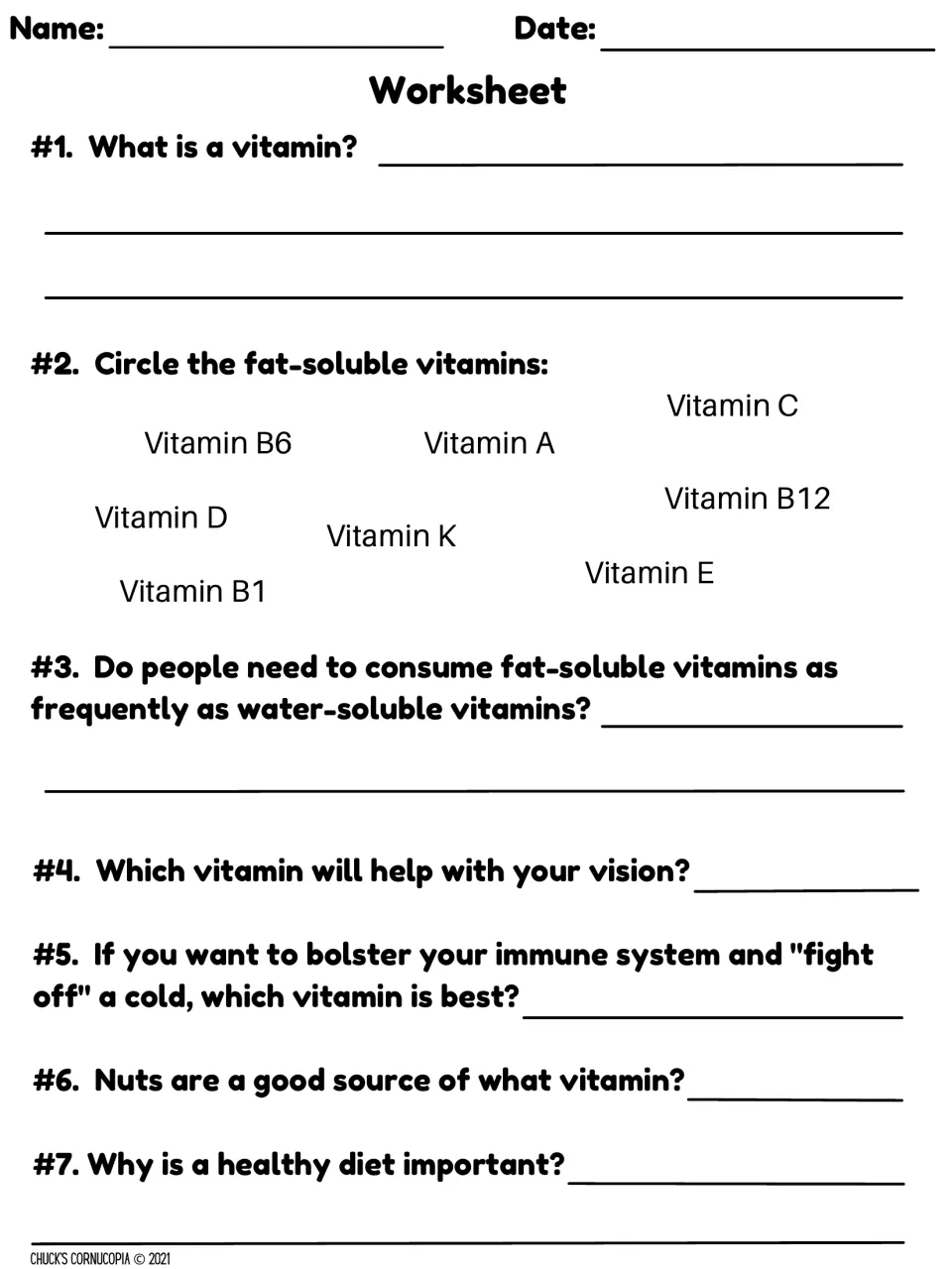 Vitamin review: students define a vitamin, circle the fat-soluble ones and name vitamins for vision, immunity and nuts