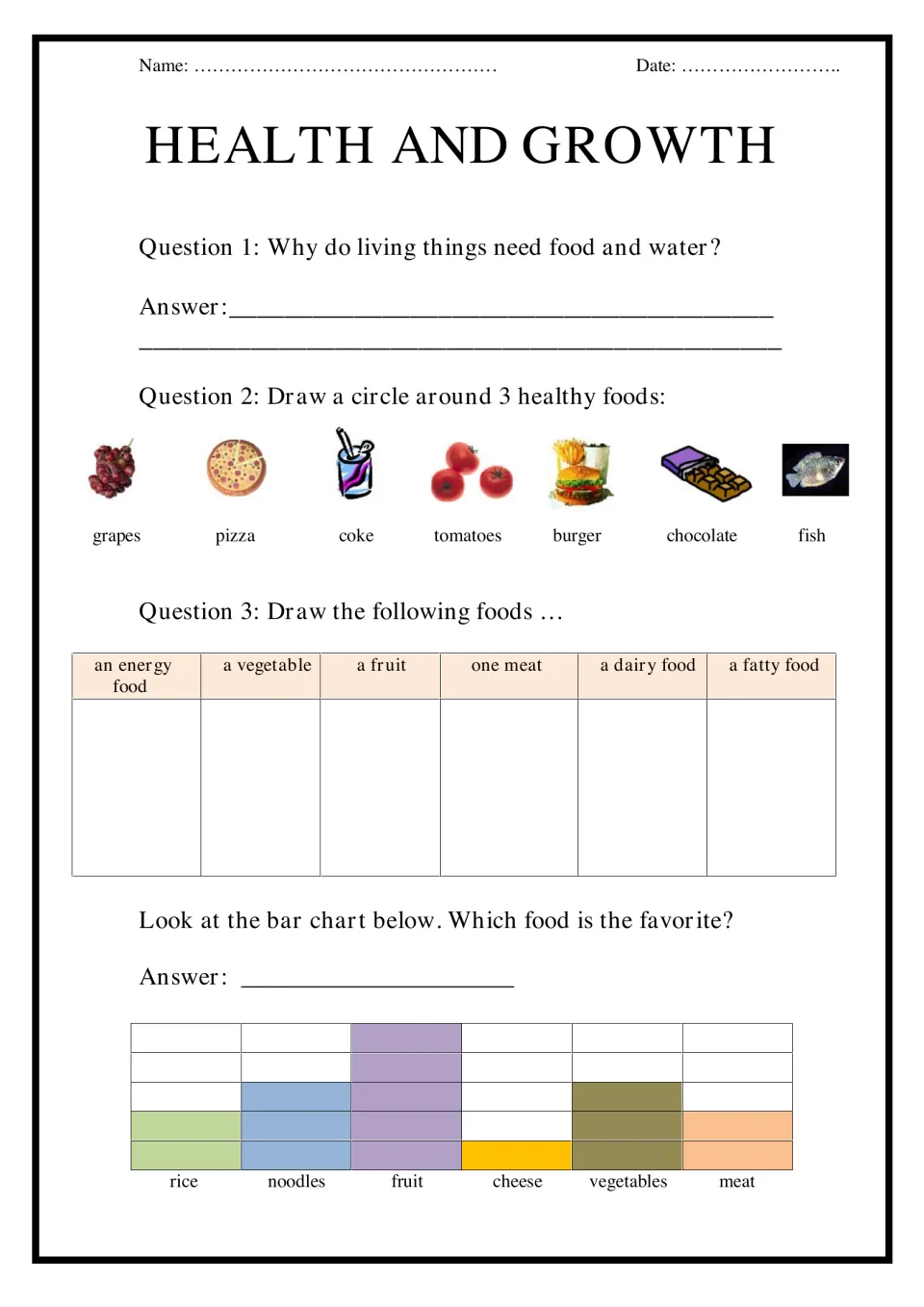 Health and growth food questions: students write why living things need food, circle 3 healthy foods and read a bar chart