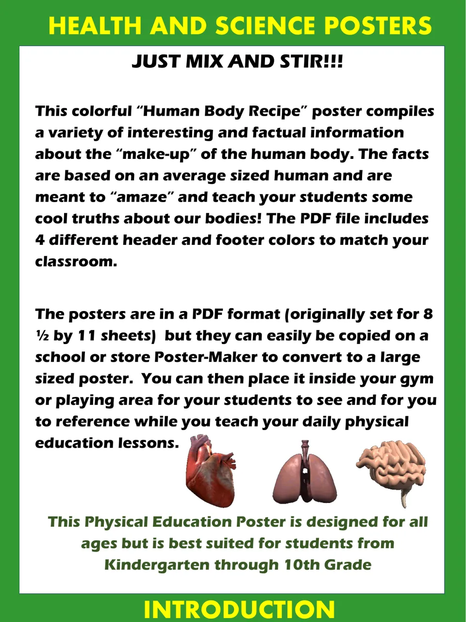 Poster introduction: describes the body facts, poster-size printing and 4 header colors, with heart, lungs and brain