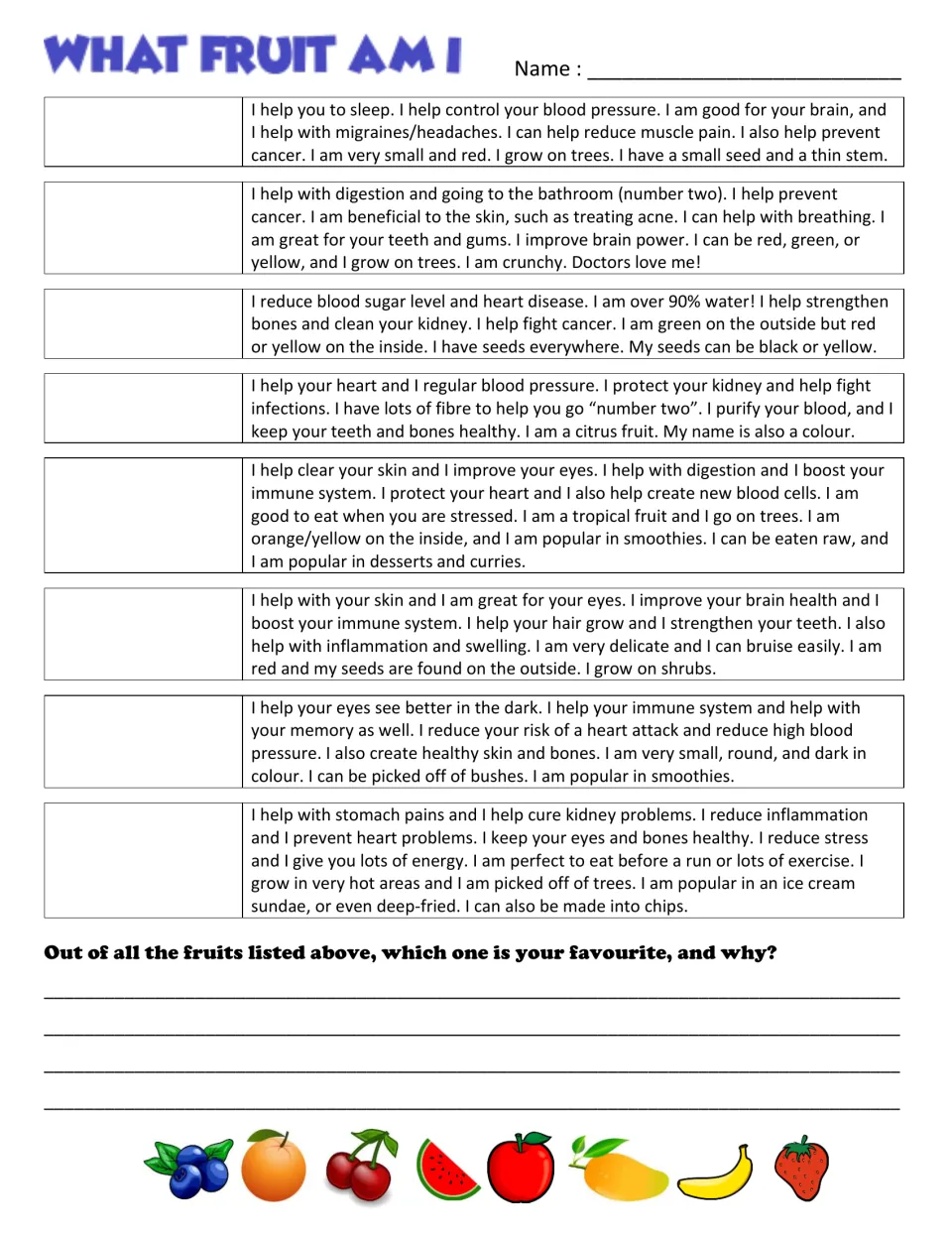 What Fruit Am I: students read 8 health-benefit riddles, name each fruit, then explain which one is their favourite