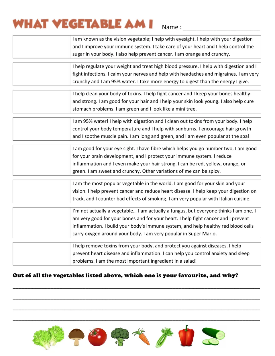 What Vegetable Am I: students solve 8 nutrition riddles, from the vision vegetable to a fungus, and pick a favourite