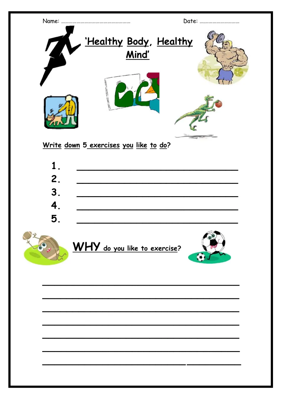 Healthy Body, Healthy Mind exercise reflection: students list 5 exercises they like and write why they enjoy exercising
