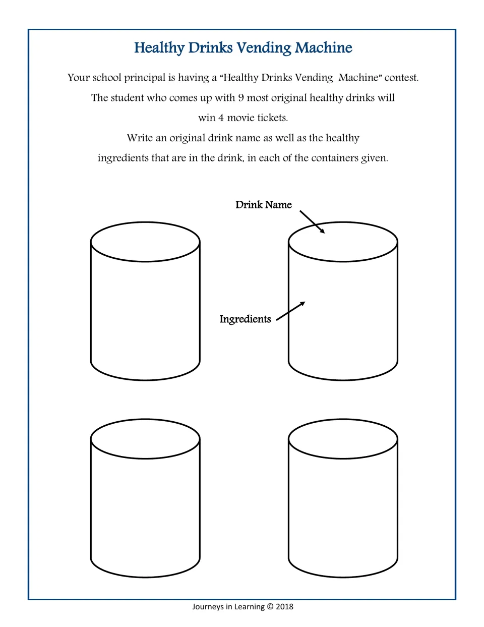 Drink planning page 1: contest directions and four containers for original drink names and healthy ingredients