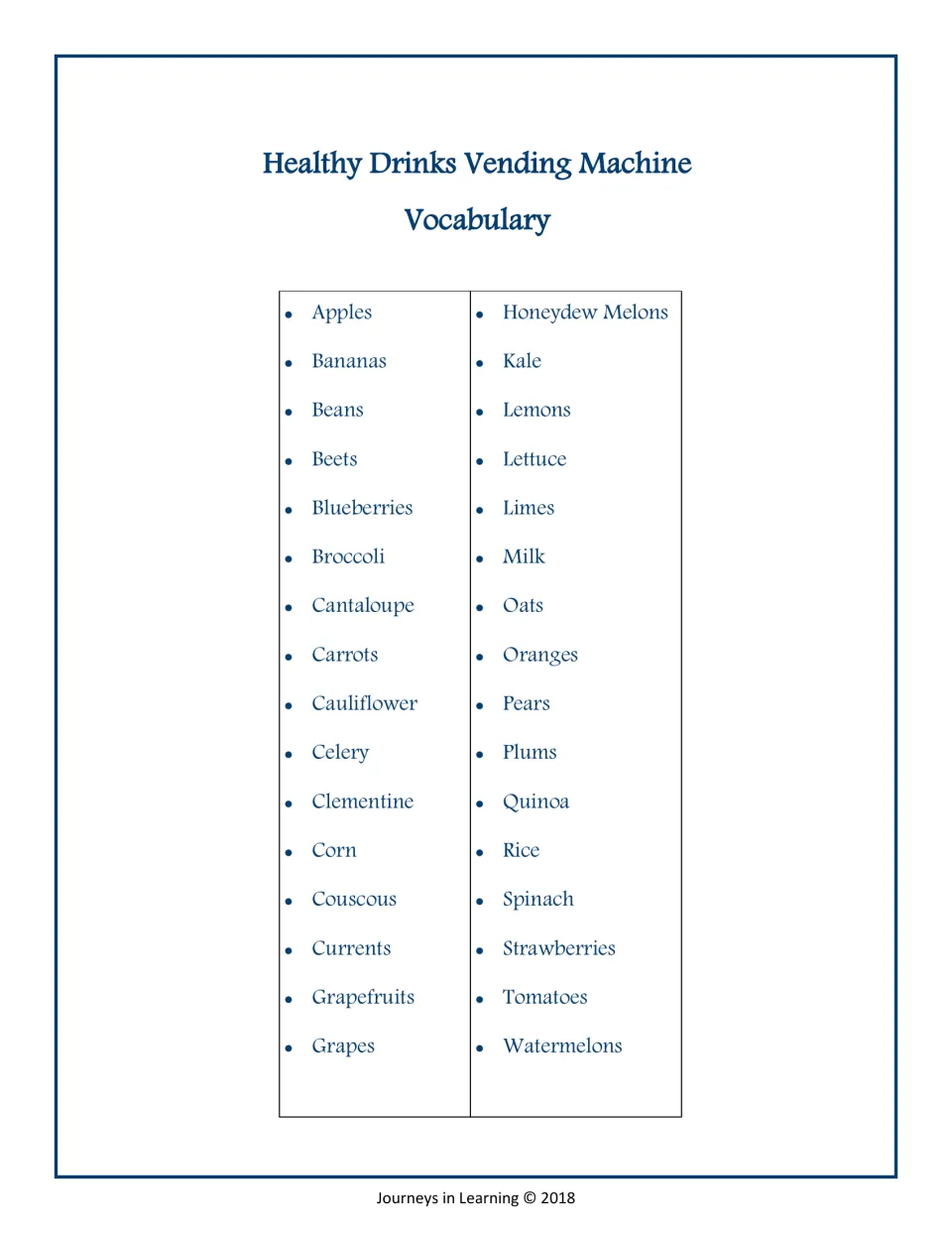 Ingredient vocabulary page for drink planning: apples, bananas, kale, milk, oats, spinach, and 26 more foods