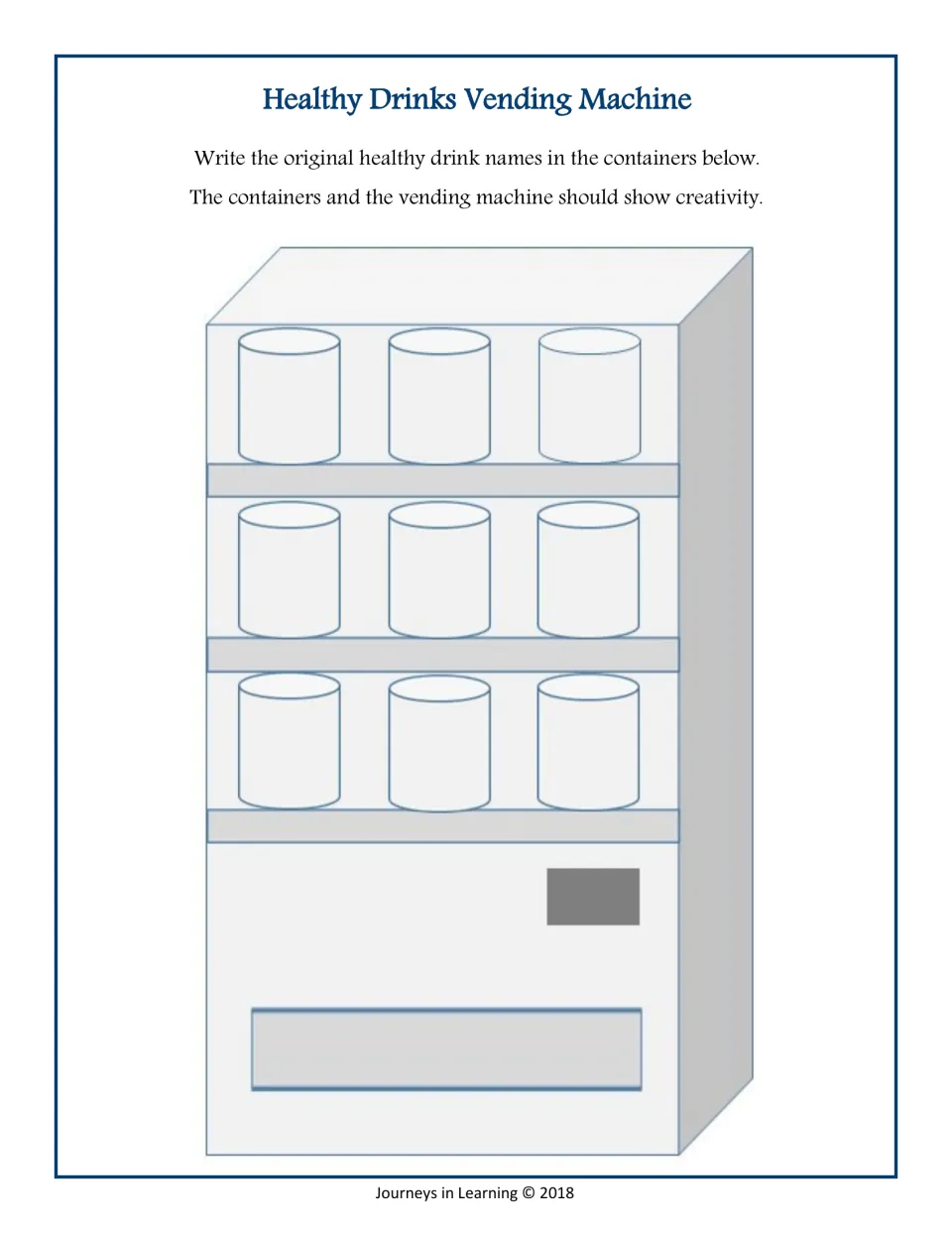 Vending machine design page: nine drink containers to label with original names and decorate creatively