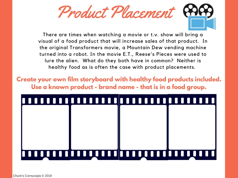 Product placement activity explains movie food promotions and asks for a storyboard featuring healthy brands