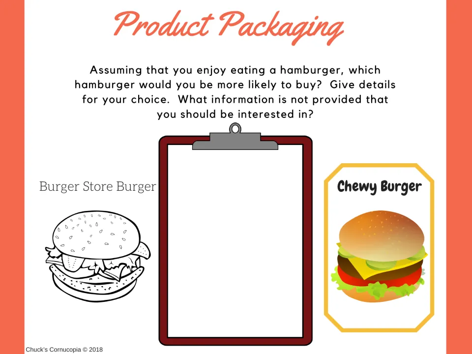 Product packaging activity compares Burger Store Burger and Chewy Burger and asks what information is missing