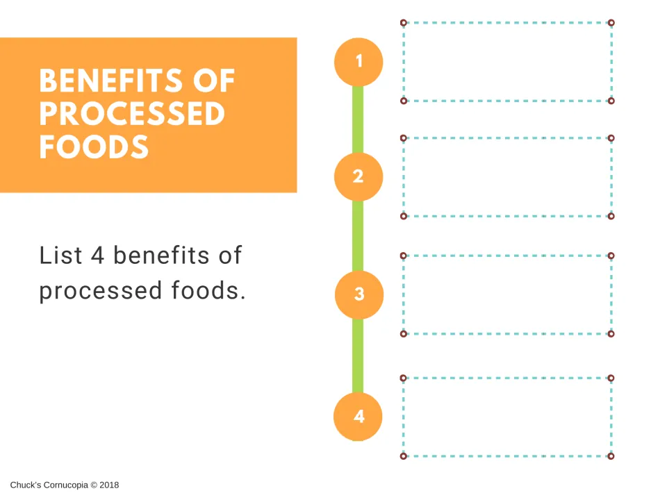 Processed foods response task asks students to list four benefits, with numbered spaces for their answers