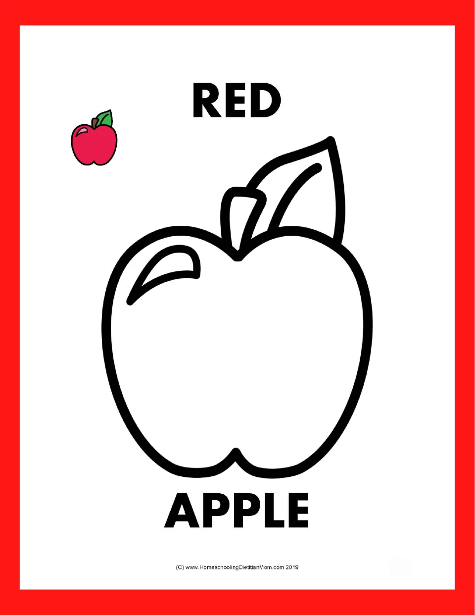 Red apple: students color a large outlined apple with a leaf, labeled with the color word RED and the food word APPLE