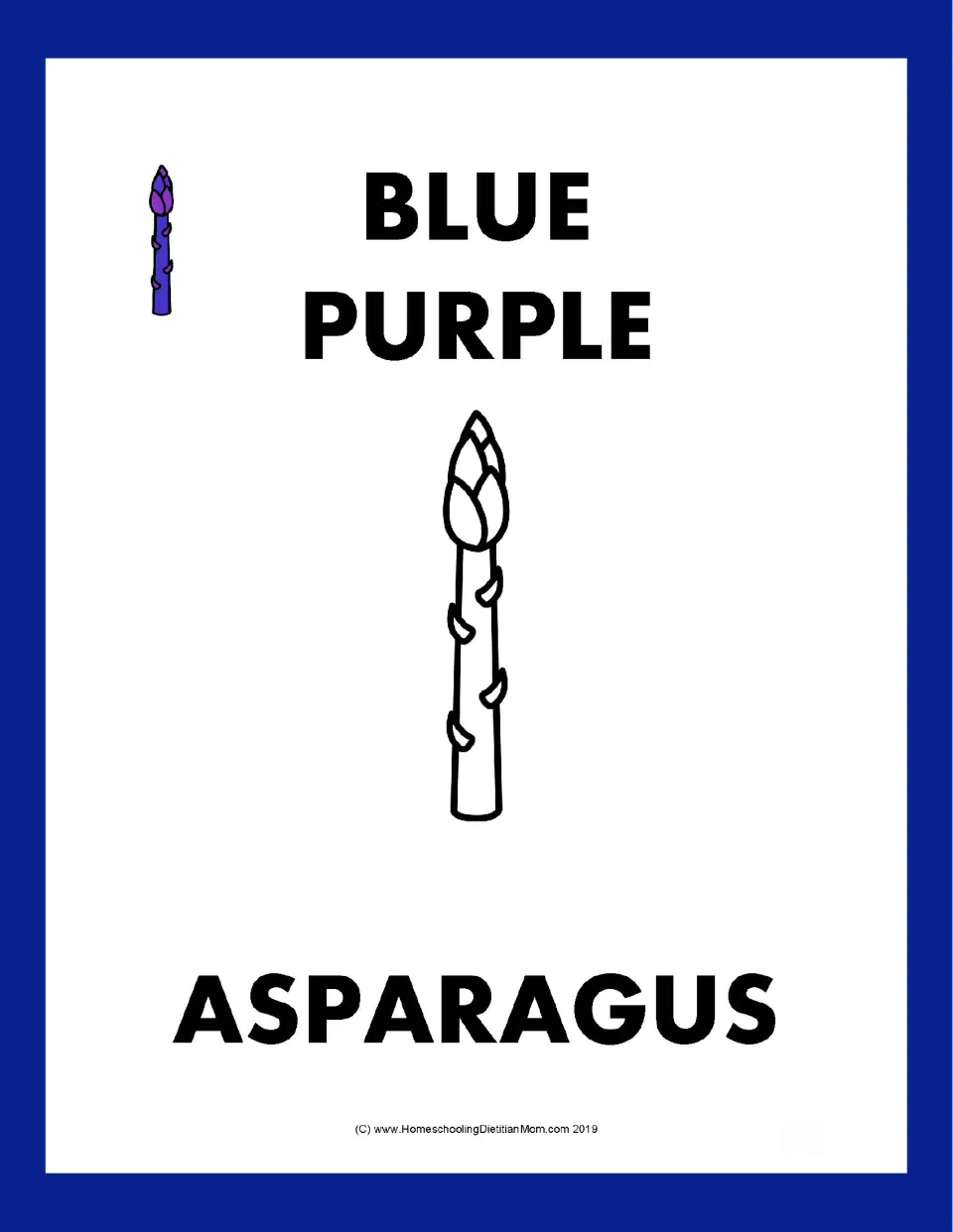 Blue-purple asparagus: students color one outlined asparagus spear, labeled BLUE PURPLE and the vegetable name ASPARAGUS