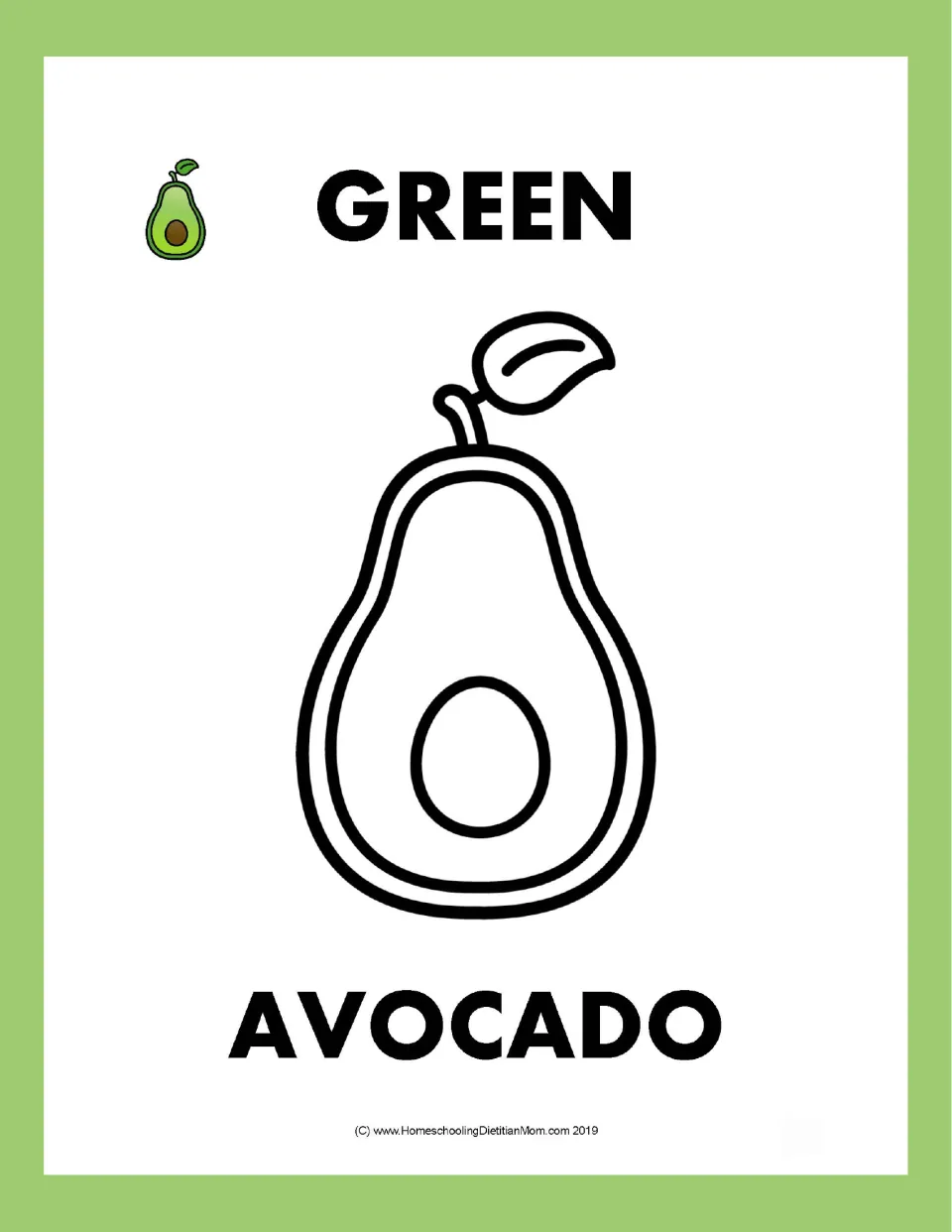 Green avocado: students color a halved avocado outline showing its pit, stem and leaf, labeled GREEN and AVOCADO