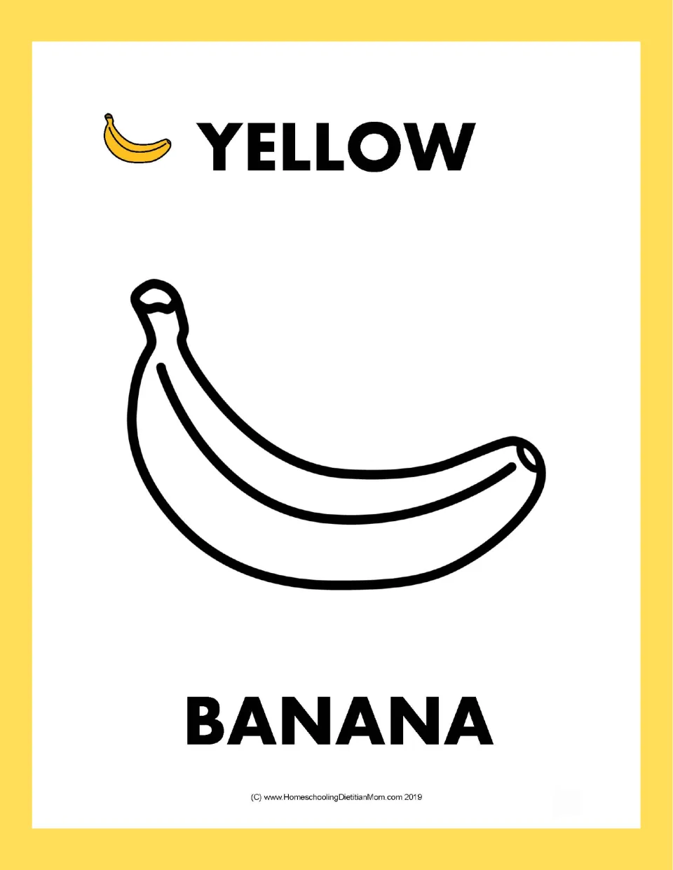 Yellow banana: students color a single large banana outline, labeled with the color word YELLOW and the fruit name BANANA