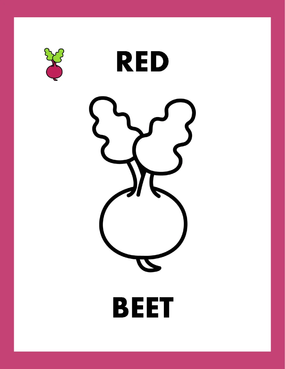 Red beet: students color a round beet outline with leafy tops and a root tail, labeled with the words RED and BEET