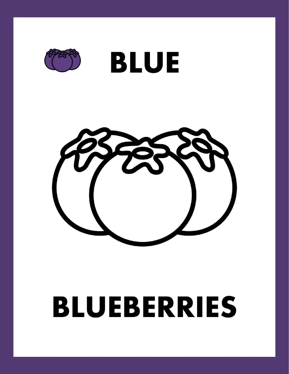 Blue blueberries: students color a cluster of three blueberry outlines with crowned tops, labeled BLUE and BLUEBERRIES
