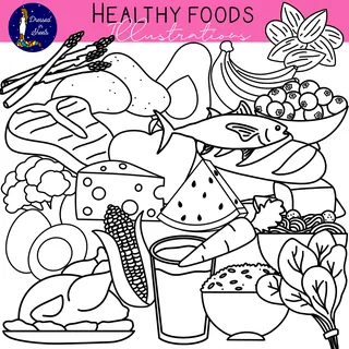 Healthy Foods Clip Art – 48 PNG Color & B&W Set – preview