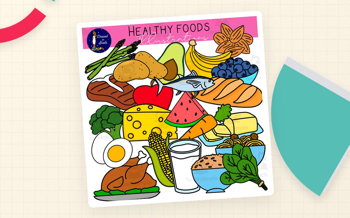 Healthy Foods Clip Art – 48 PNG Color & B&W Set preview