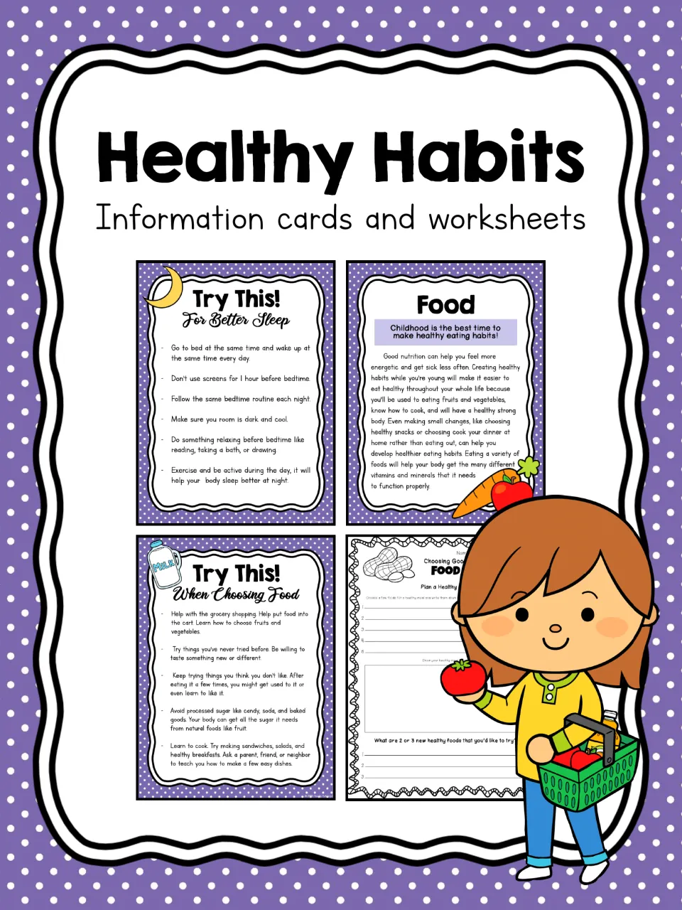 Healthy Habits cover: information cards and worksheets, showing sleep tips, a food card and a healthy meal planning sheet