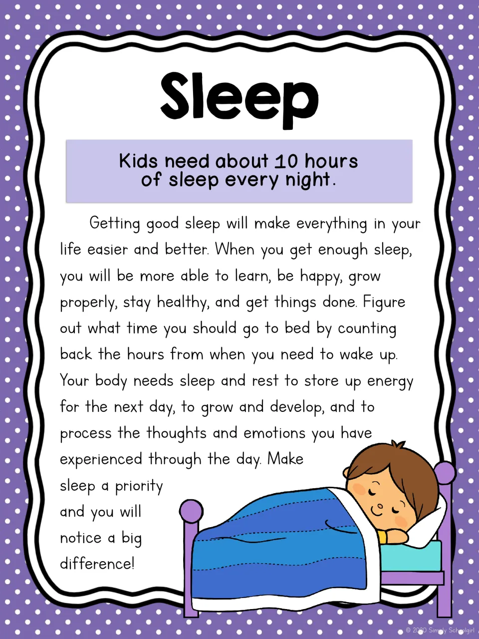 Sleep information card: kids need about 10 hours a night; text explains how rest helps learning, growth, mood and energy
