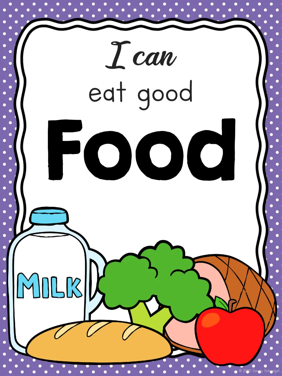 Food title card reading I can eat good Food, with milk, bread, broccoli, ham and an apple, opening the food section