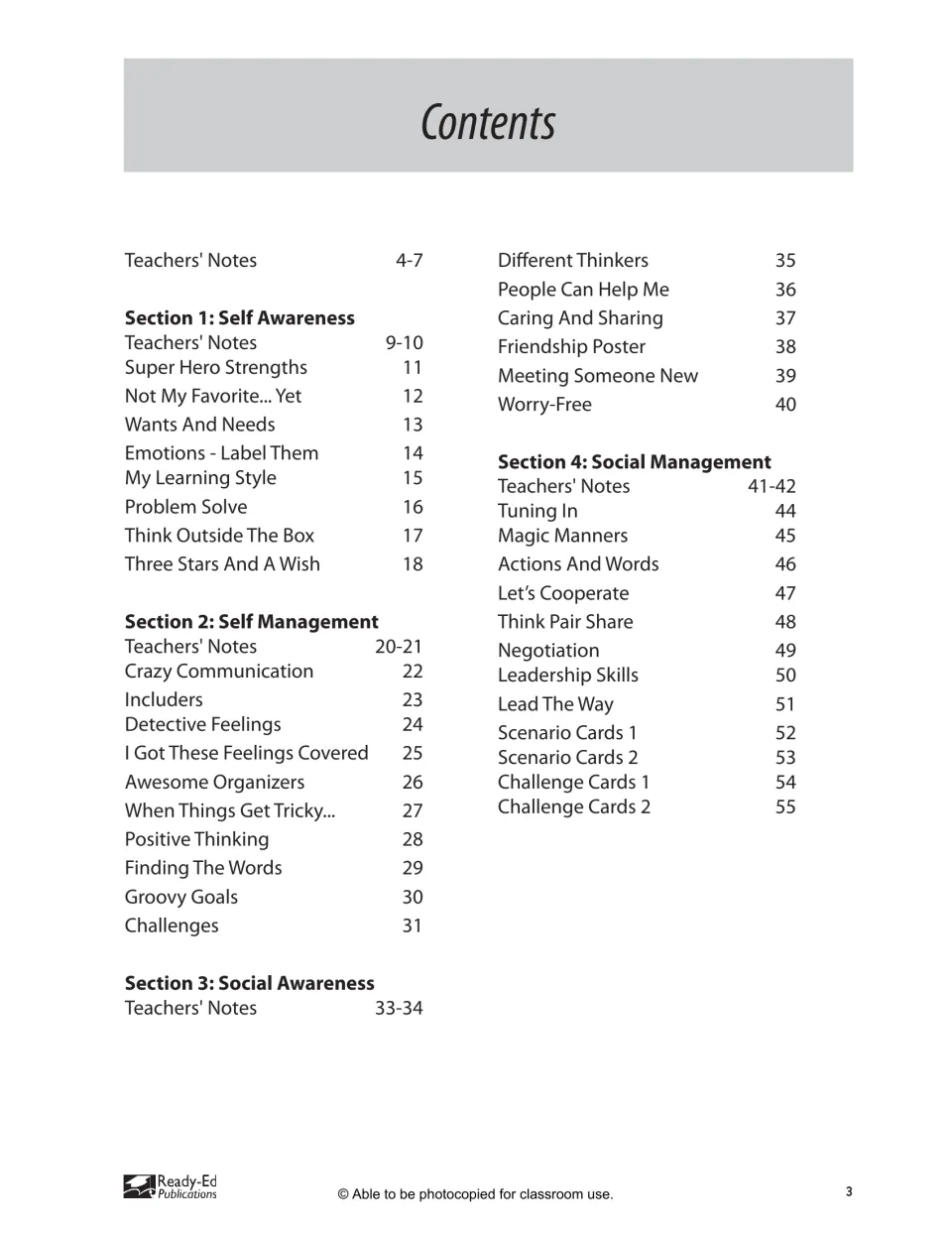 Workbook contents list four sections, teacher notes, activities, scenario cards, and challenge cards