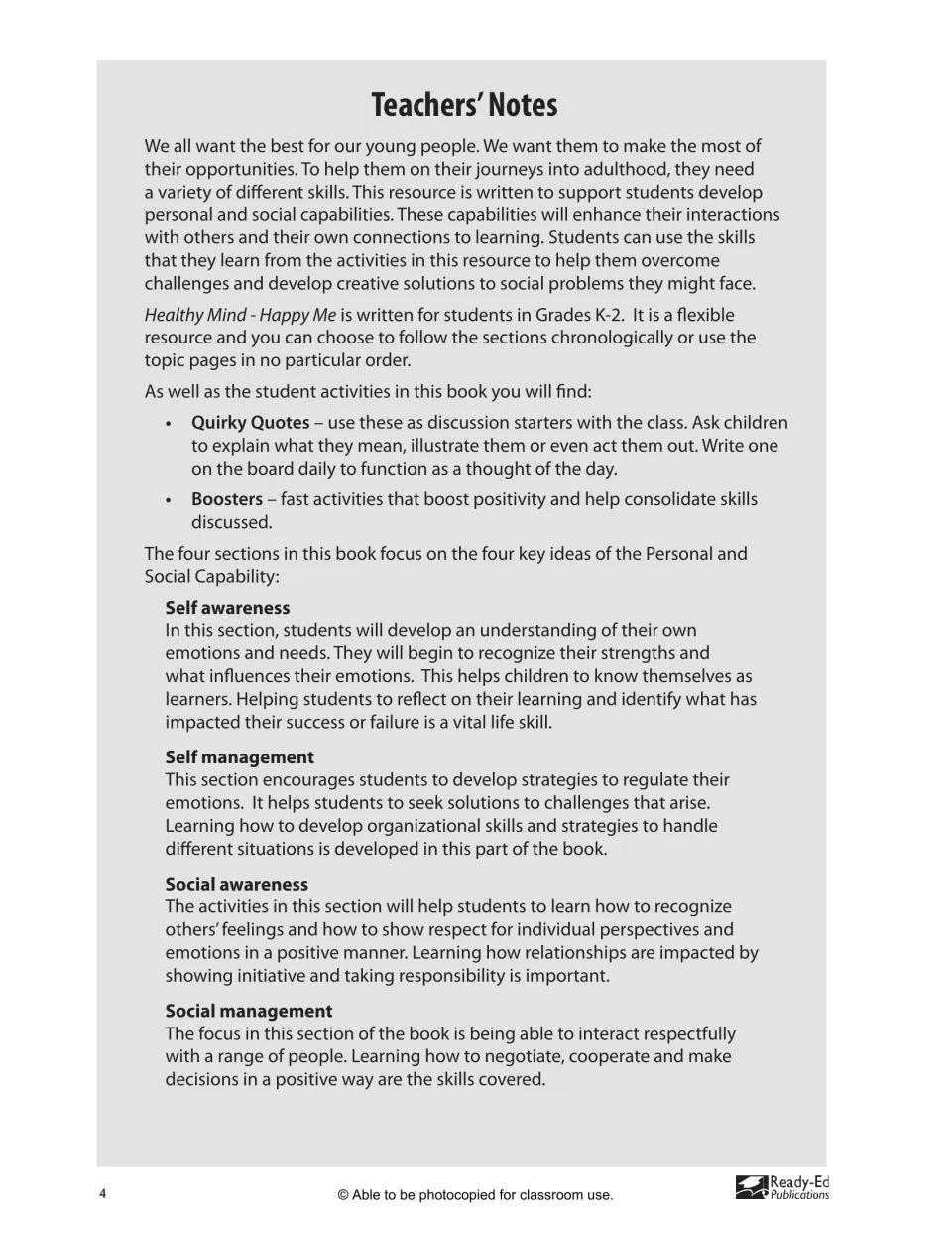 Teacher notes introduce the workbook’s four skill areas, flexible page order, Quirky Quotes, and Boosters