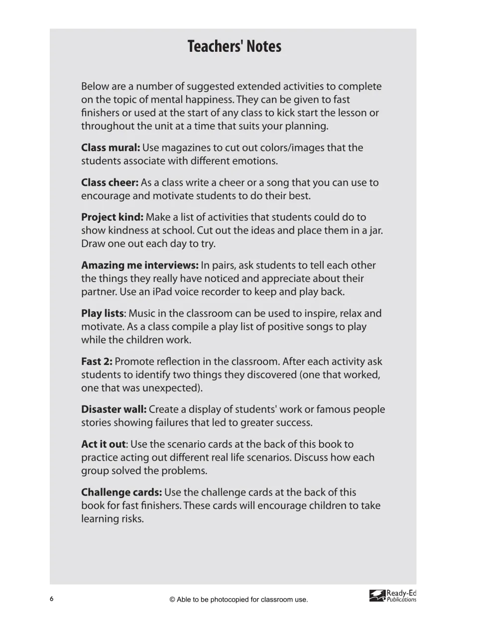 Teacher extension ideas include a class mural, kindness jar, partner interviews, role-play, and challenge cards