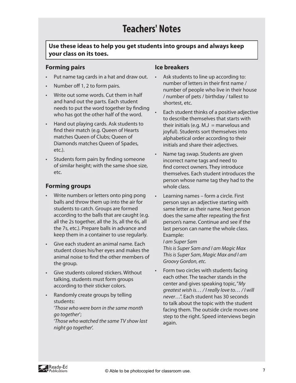 Teacher notes offer ways to form pairs and groups, plus icebreakers using names, adjectives, and interviews