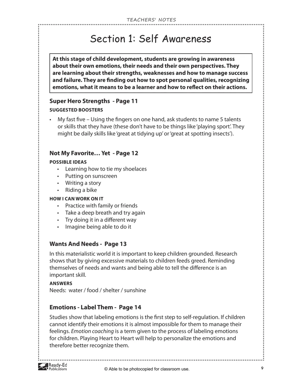 Self awareness teacher notes address strengths, practicing new skills, wants and needs, and naming emotions
