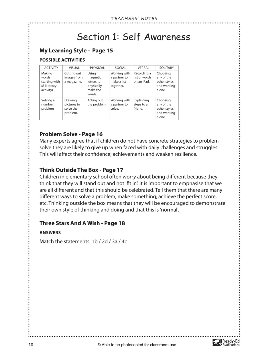 Self awareness teacher notes cover learning styles, problem solving, creative thinking, and reflection answers