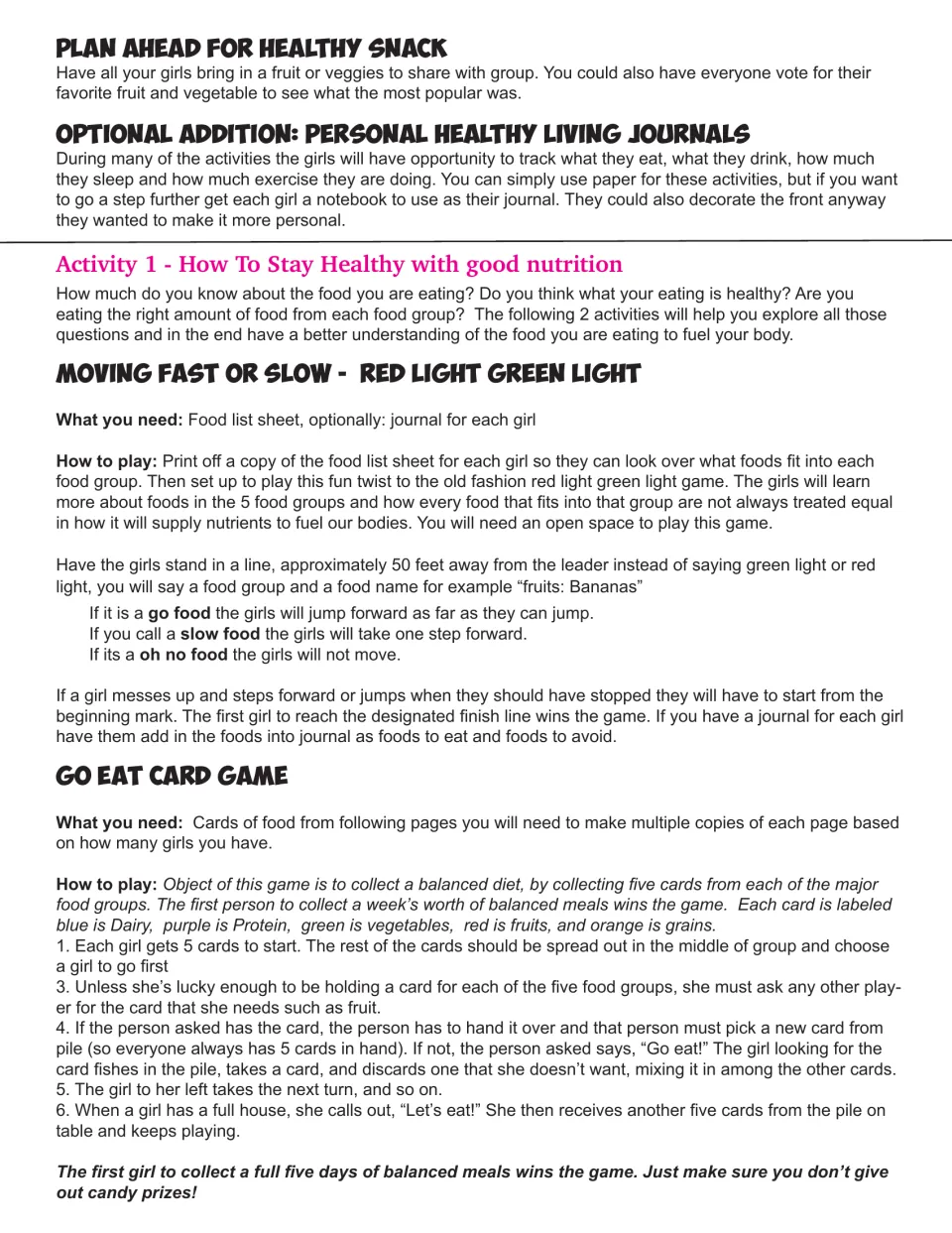 Healthy nutrition leader guide: steps for a food-group red light green light game and the Go Eat card game
