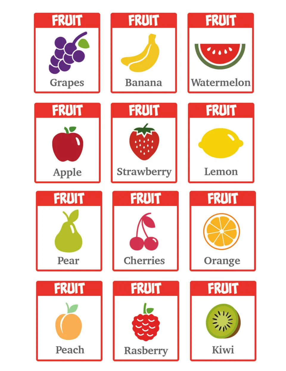 Fruit food cards for the Go Eat game: 12 red cards including grapes, banana, watermelon, apple, cherries and kiwi