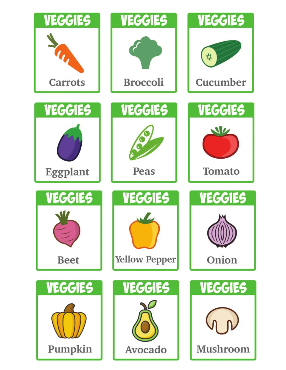 Veggies food cards: 12 green cards showing carrots, broccoli, cucumber, eggplant, peas, tomato, beet and more