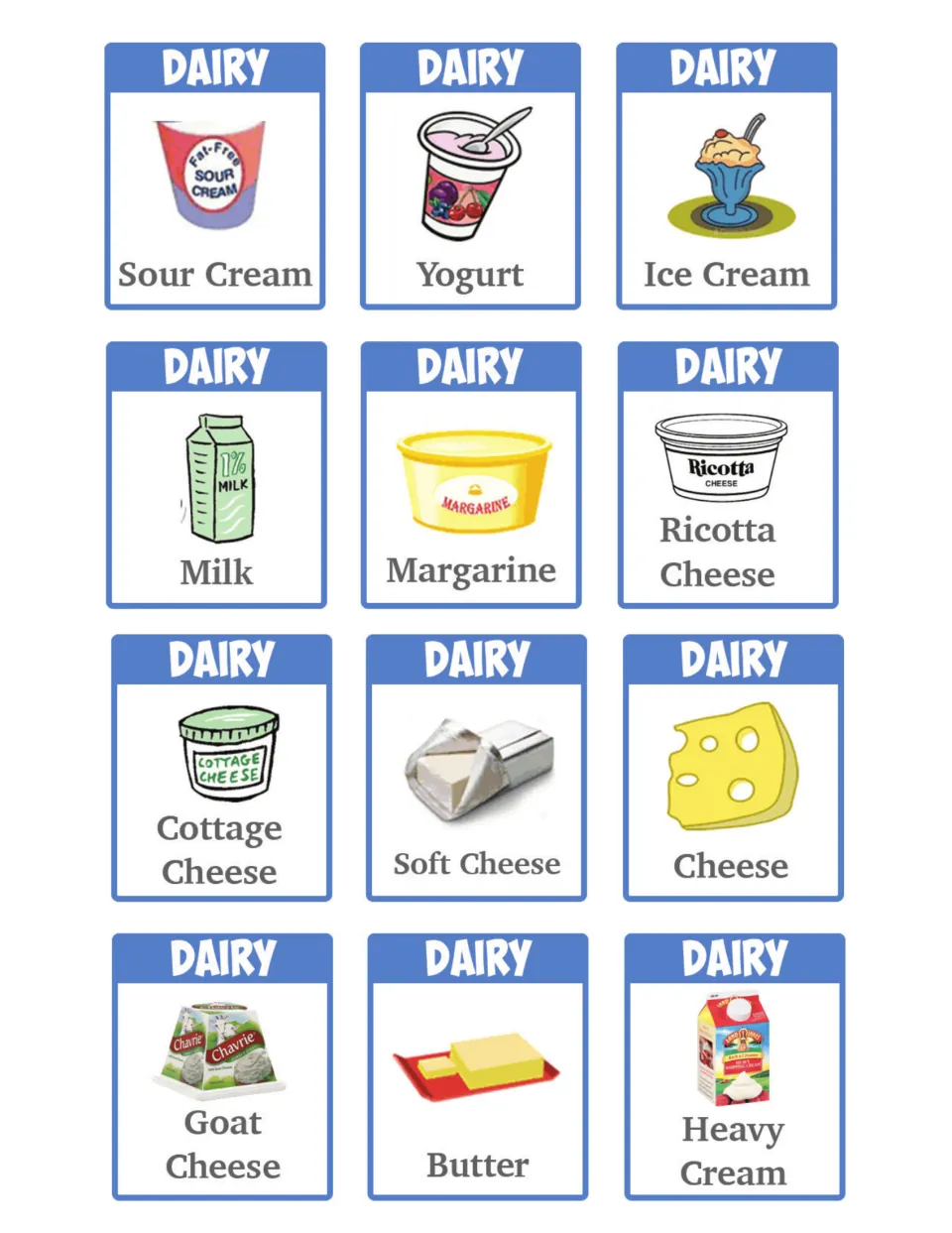 Dairy food cards: 12 blue cards picturing sour cream, yogurt, ice cream, milk, margarine, cheeses, butter and cream