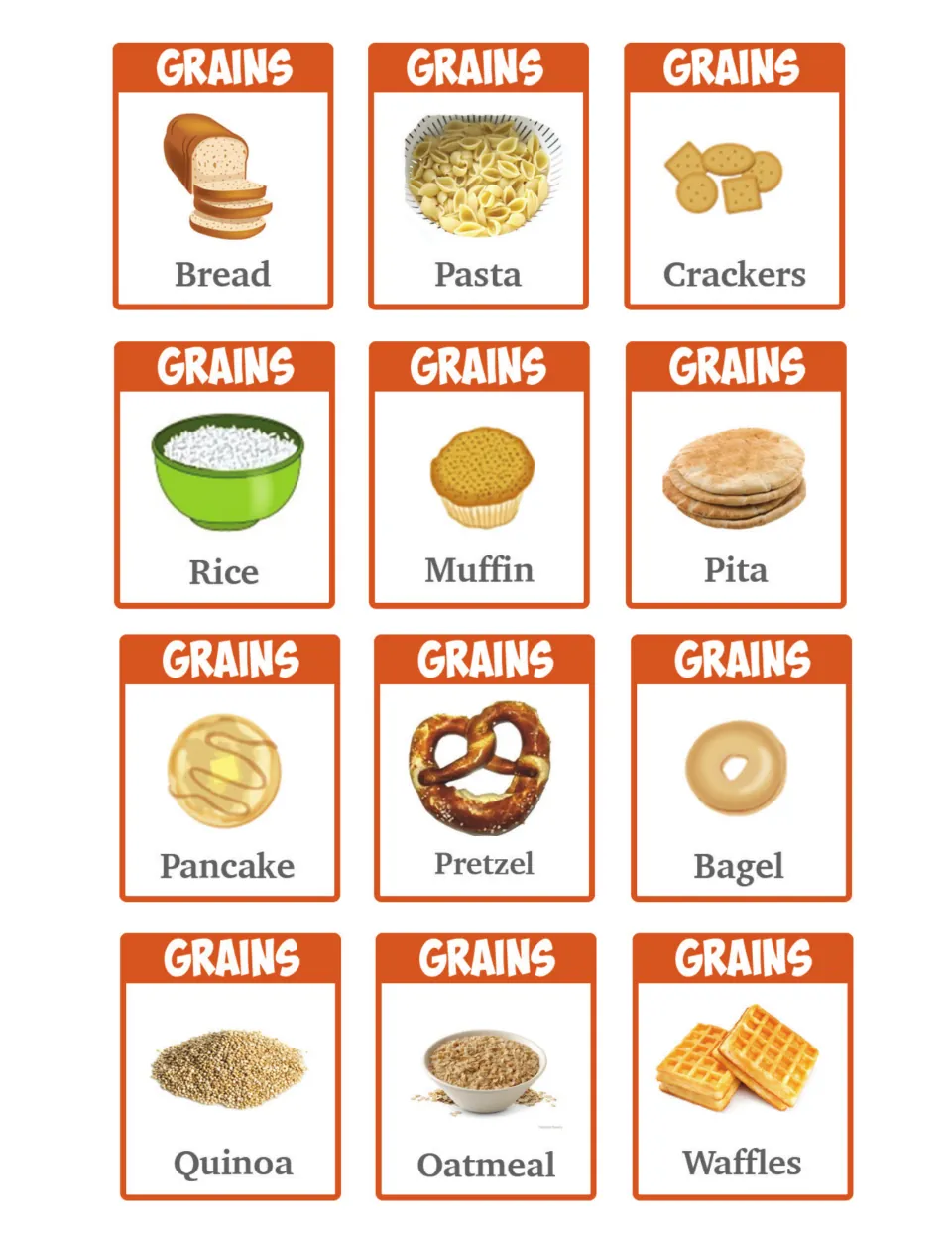 Grains food cards: 12 orange cards picturing bread, pasta, crackers, rice, muffin, pita, pretzel, quinoa and waffles