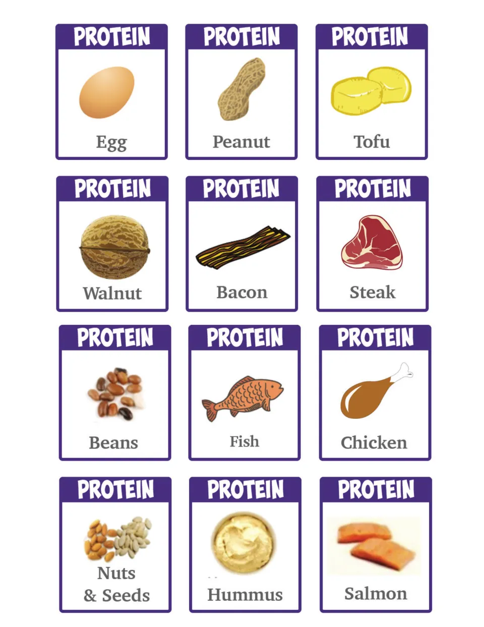 Protein food cards: 12 purple cards picturing egg, peanut, tofu, walnut, bacon, steak, beans, fish, chicken and salmon