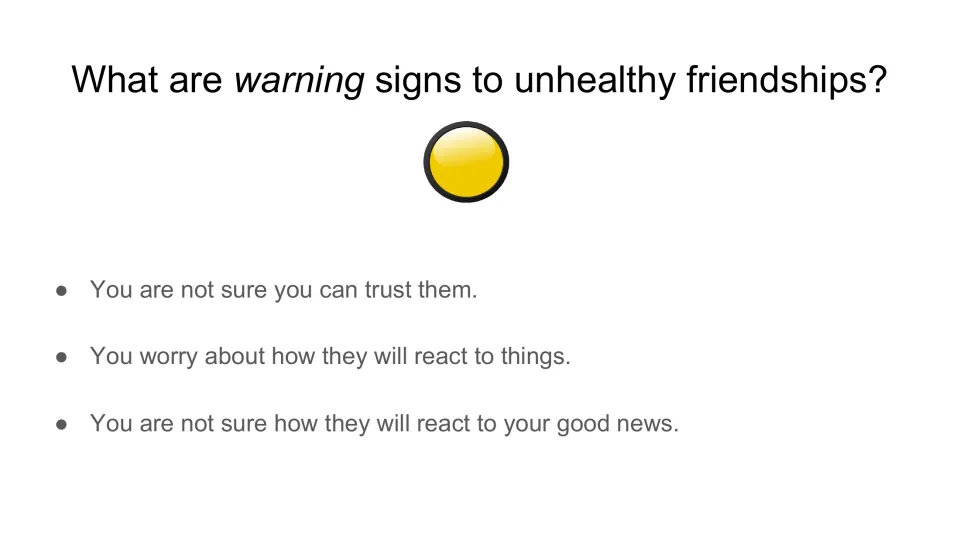 Warning signs lesson slide uses a yellow light for uncertain trust and worry about reactions, including good news.