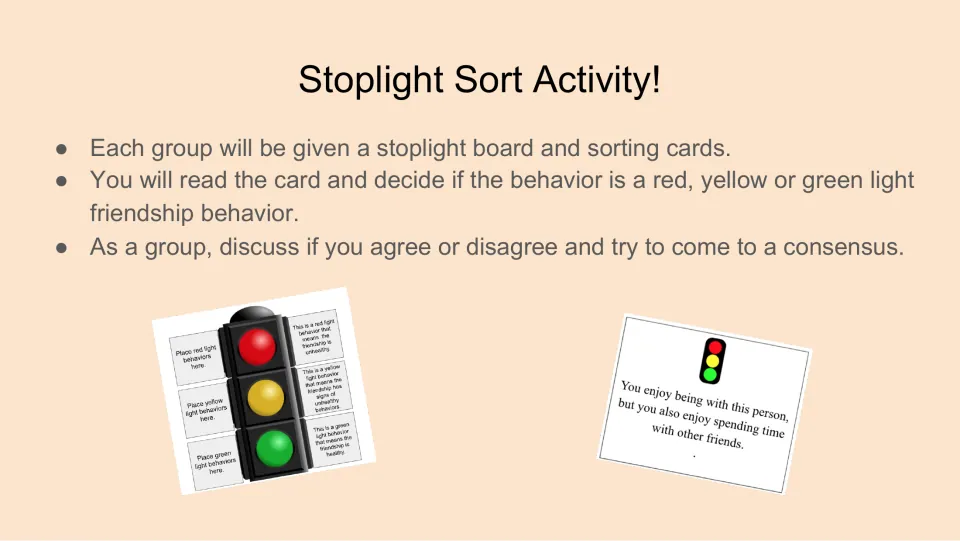 Stoplight Sort Activity directions ask groups to classify friendship cards as red, yellow, or green and reach agreement.