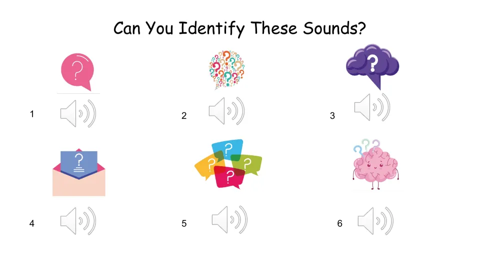 Sound-identification slide asks “Can You Identify These Sounds?” with six numbered audio prompts.