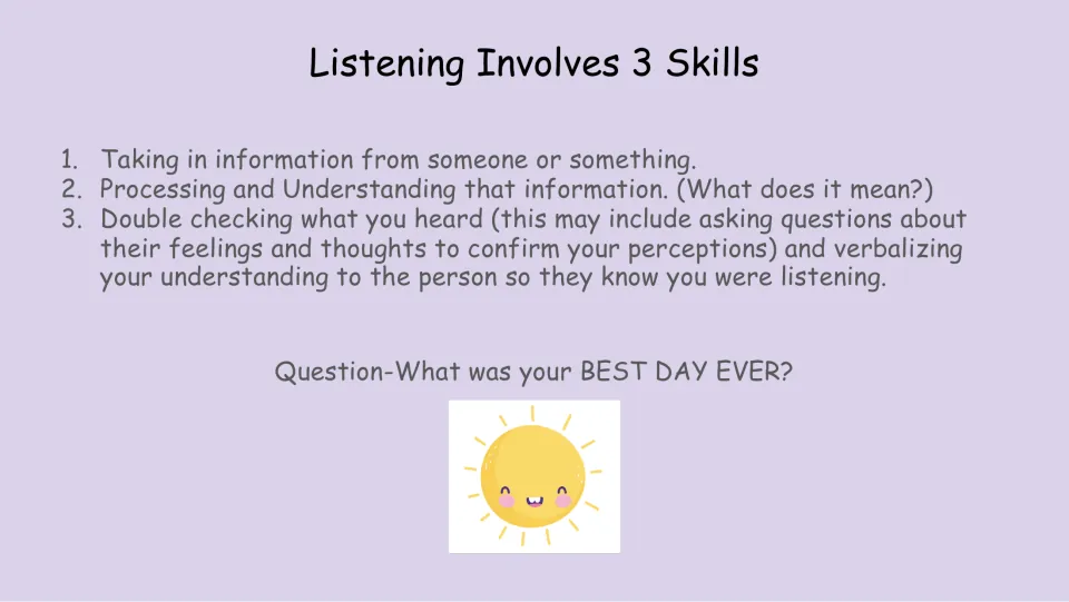 Listening skills slide covers taking in information, understanding it, and checking what you heard.