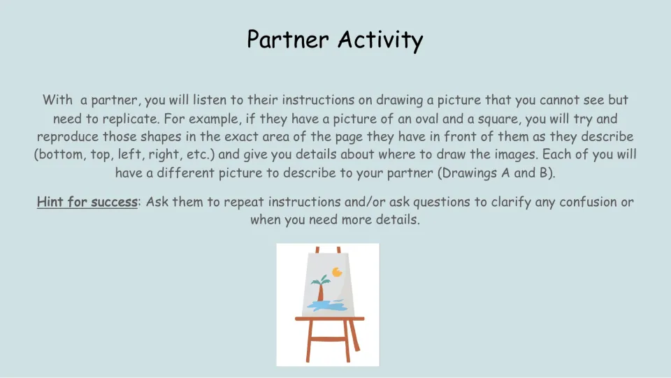 Partner activity slide directs students to recreate an unseen drawing using instructions and clarifying questions.