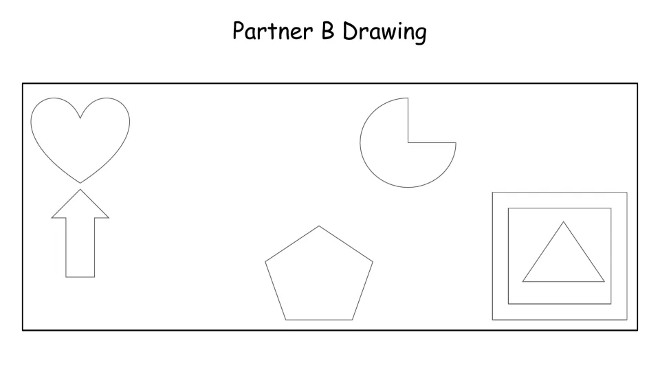 Partner B drawing reference includes a heart, up arrow, pentagon, partial circle, and triangle inside nested squares.