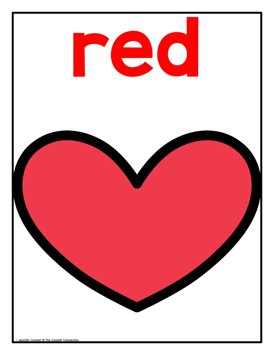 Color poster 1 of 10: the word 'red' and a red heart for the Valentine's Day color recognition display.