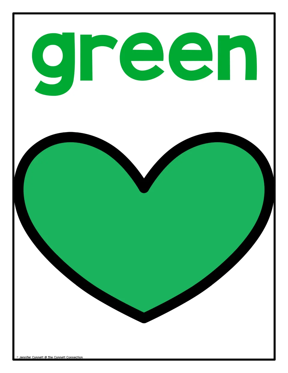Color poster 2 of 10: the word 'green' and a green heart for the Valentine's Day color recognition display.