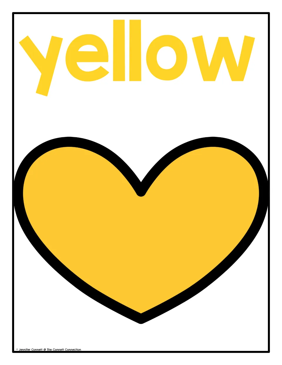 Color poster 3 of 10: the word 'yellow' and a yellow heart for the Valentine's Day color recognition display.