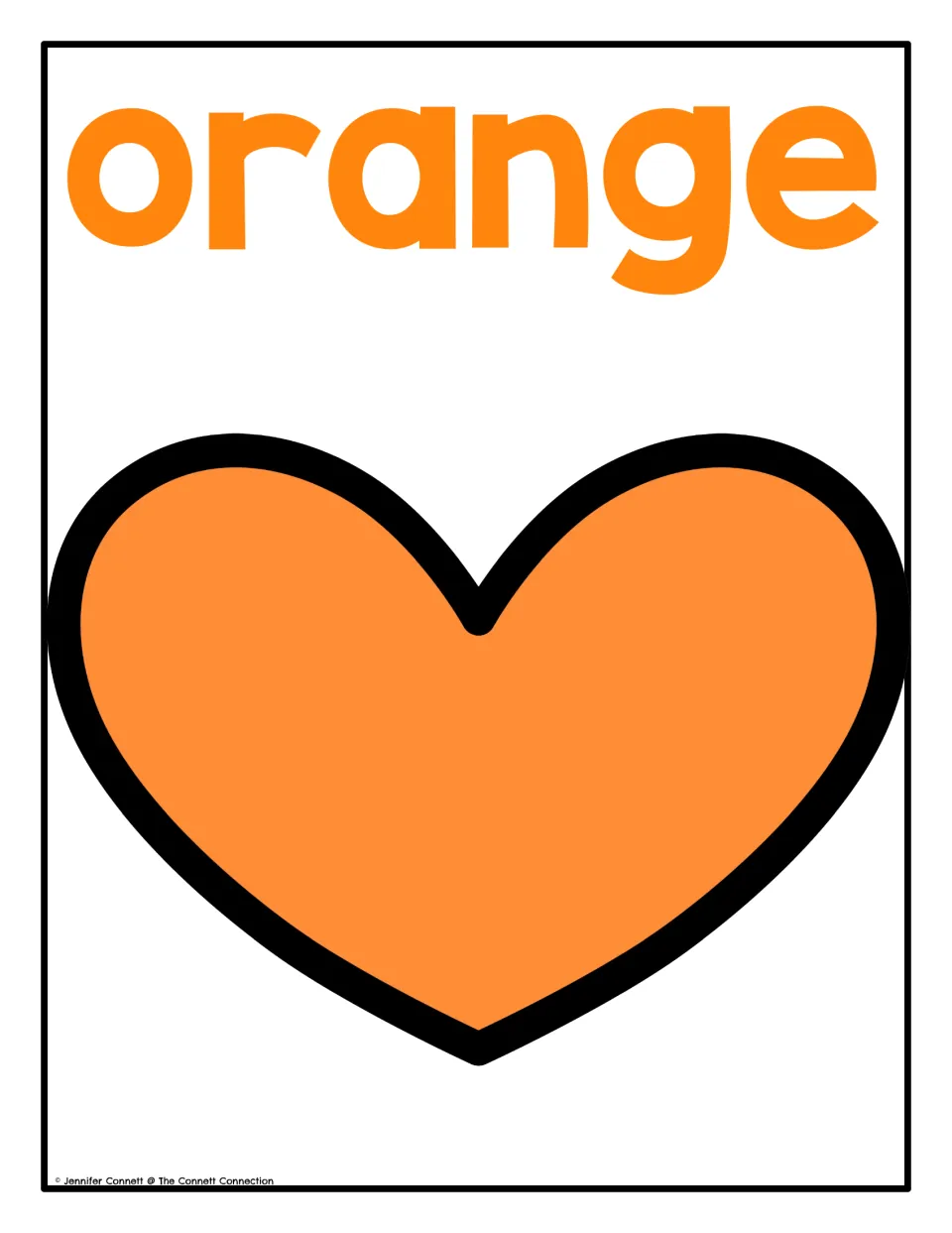 Color poster 4 of 10: the word 'orange' and an orange heart for the Valentine's Day color recognition display.