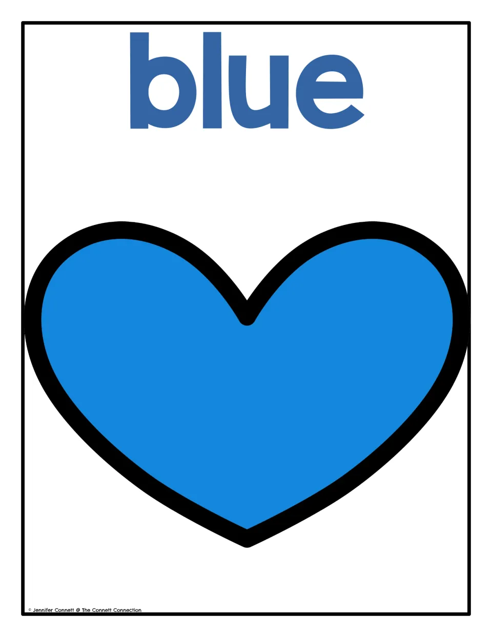 Color poster 5 of 10: the word 'blue' and a blue heart for the Valentine's Day color recognition display.