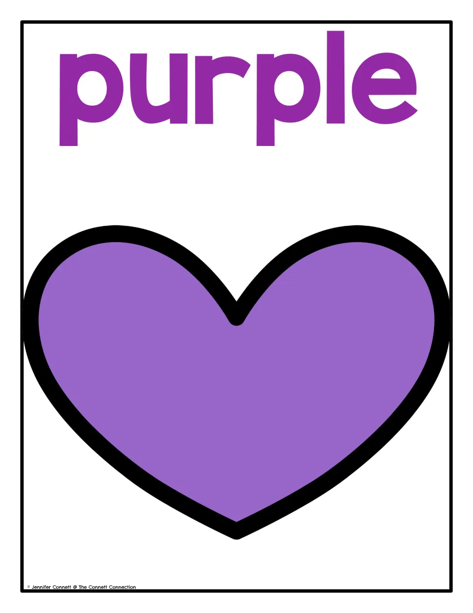 Color poster 6 of 10: the word 'purple' and a purple heart for the Valentine's Day color recognition display.