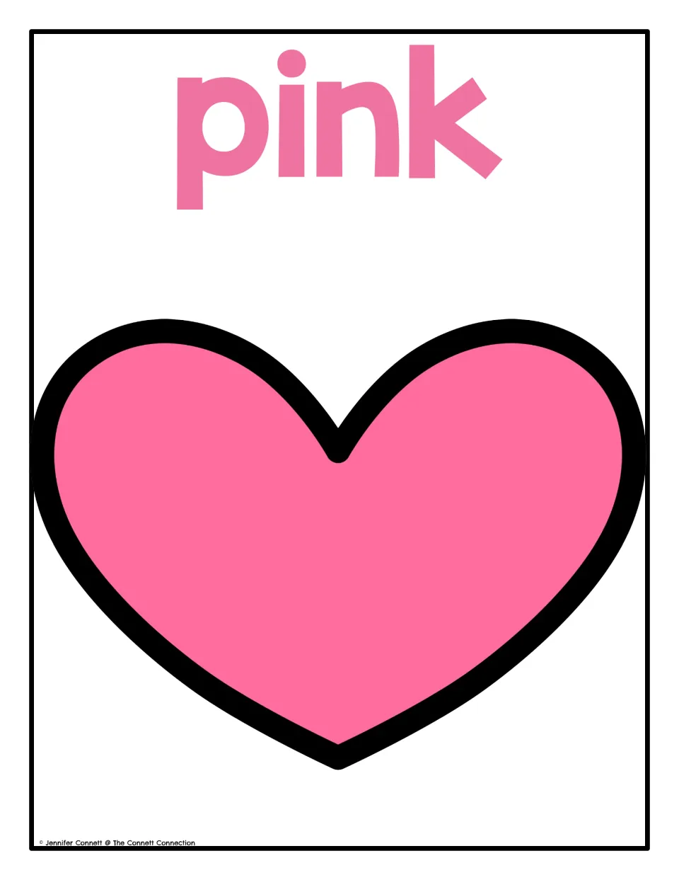 Color poster 7 of 10: the word 'pink' and a pink heart for the Valentine's Day color recognition display.