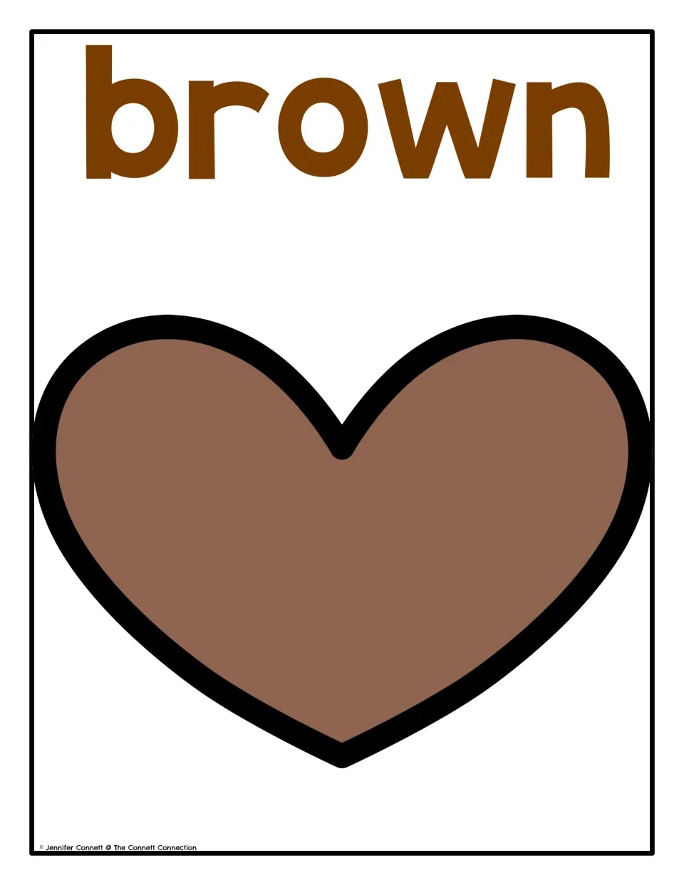 Color poster 8 of 10: the word 'brown' and a brown heart for the Valentine's Day color recognition display.