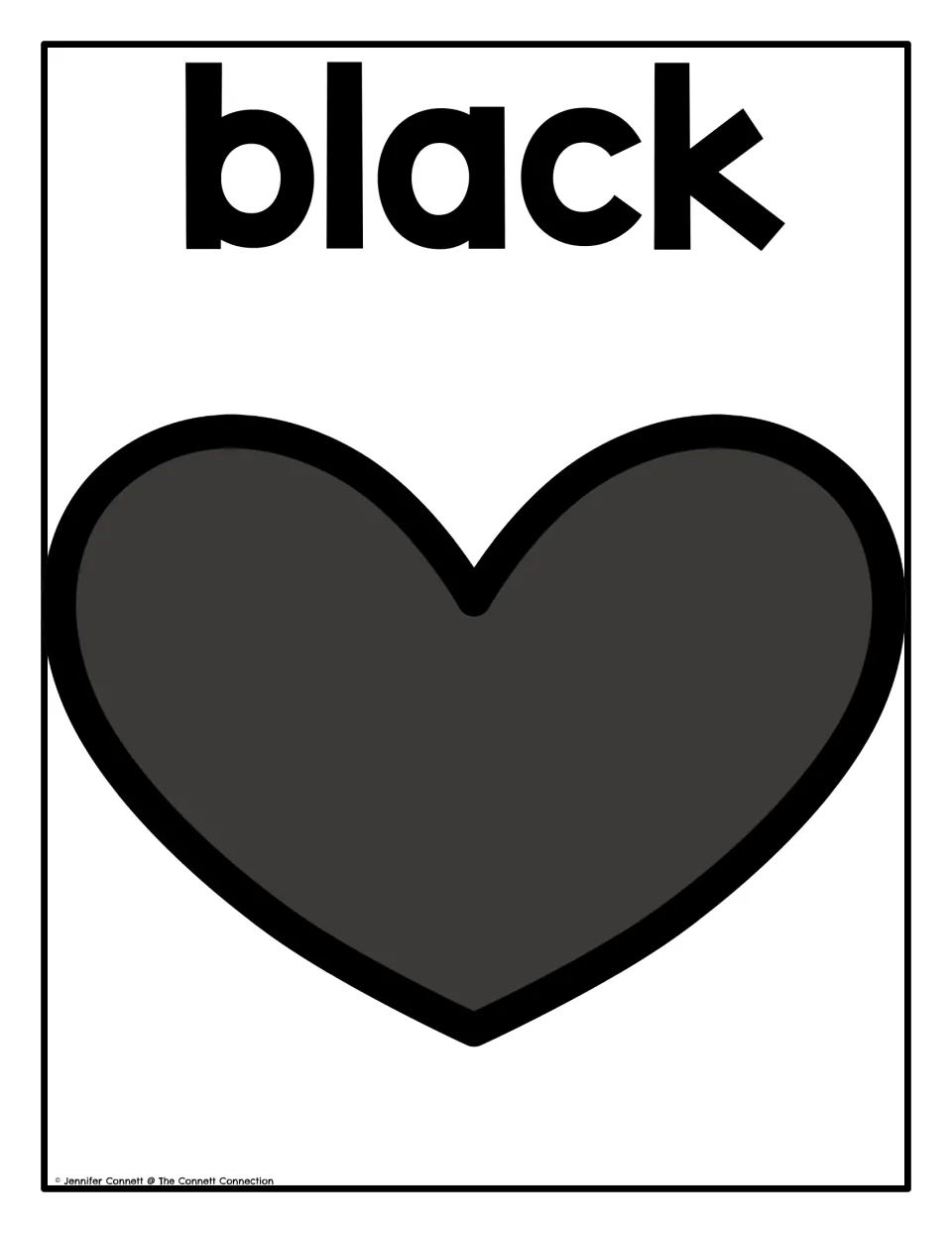 Color poster 9 of 10: the word 'black' and a dark heart for the Valentine's Day color recognition display.